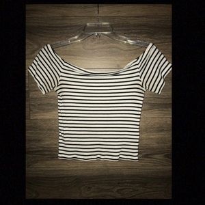 Off the shoulder white and black striped shirt